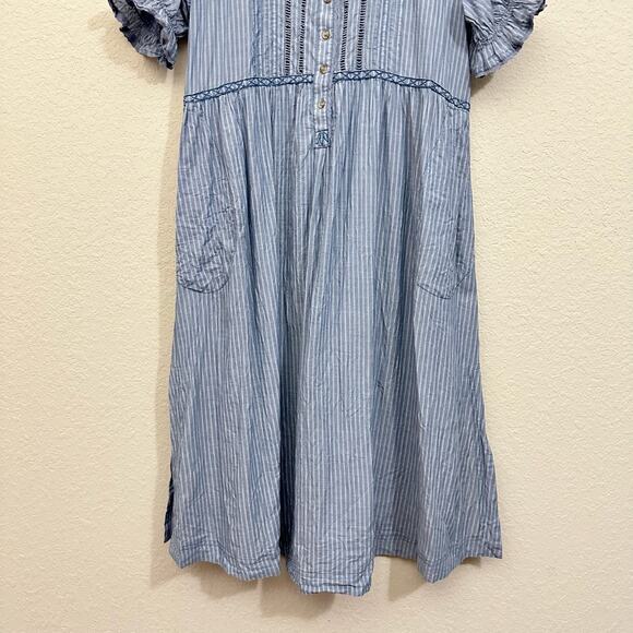 PILCRO ANTHROPOLOGIE Flowy Shirt Dress Blue Pinstriped Puff Sleeve - Picture 5 of 12